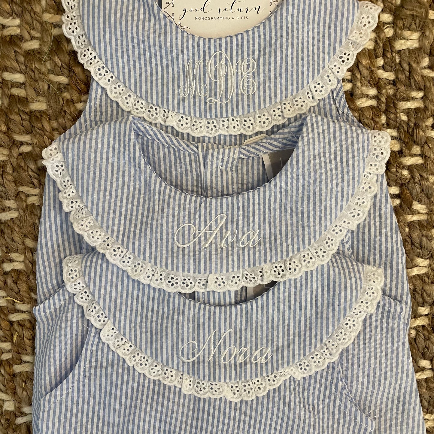 Blue Seersucker Collared Baby Bubble Romper