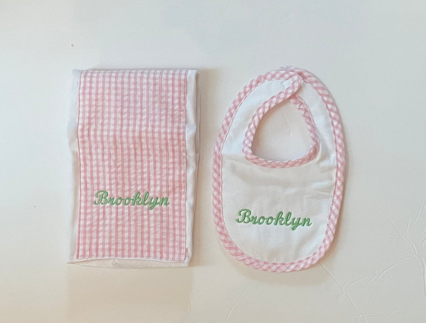 3 Martha's Drooler Pink Gingham Bib and Burp Set