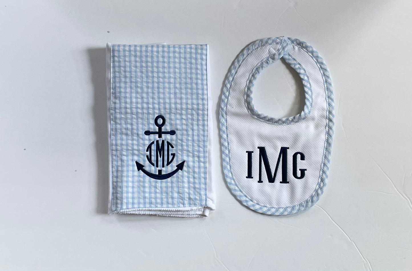 3 Martha's Drooler Blue Gingham Bib and Burp Set