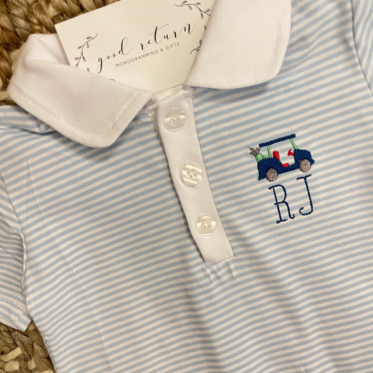 Blue and White Stripe Monogrammed Polo