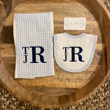 Load image into Gallery viewer, 3 Martha&#39;s Drooler Blue Gingham Bib and Burp Set