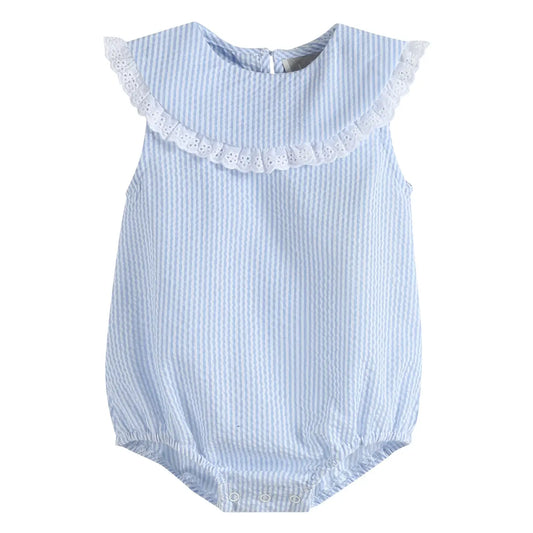 Blue Seersucker Collared Baby Bubble Romper