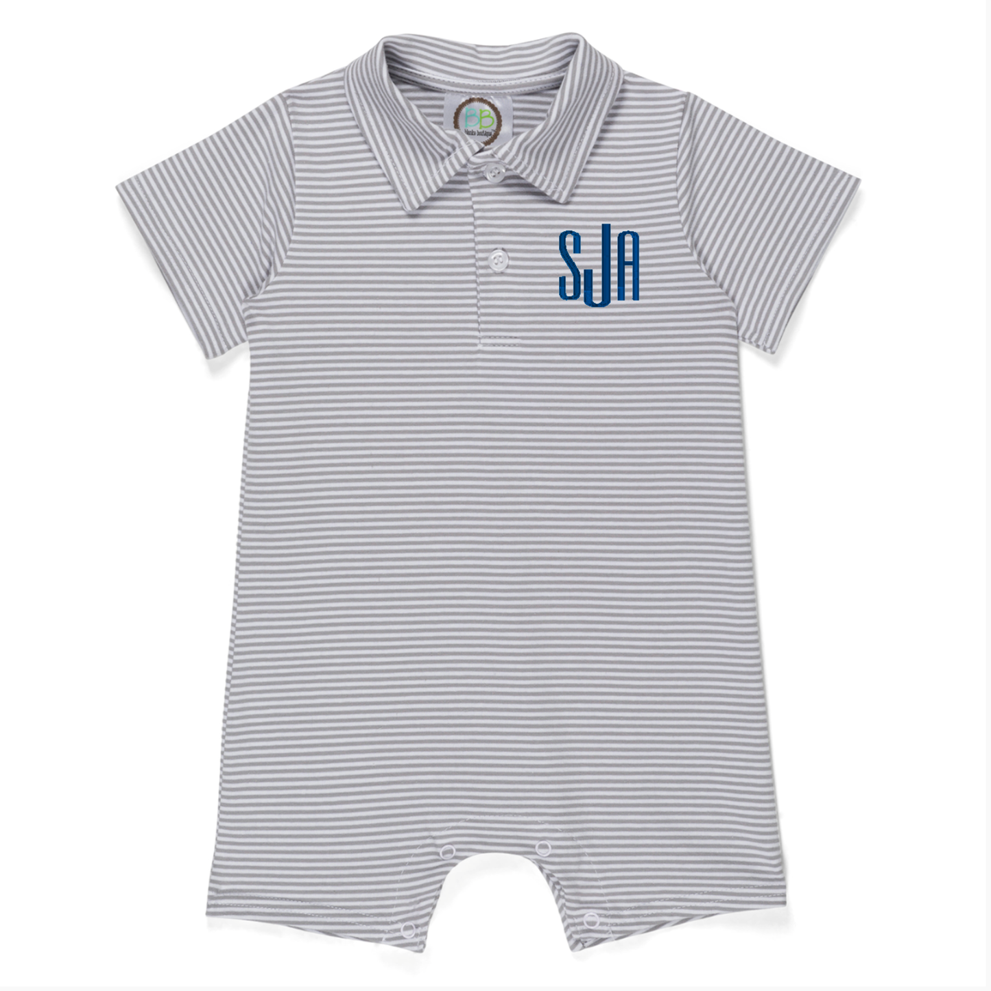 Short Sleeve Polo Romper in Grey Stripe
