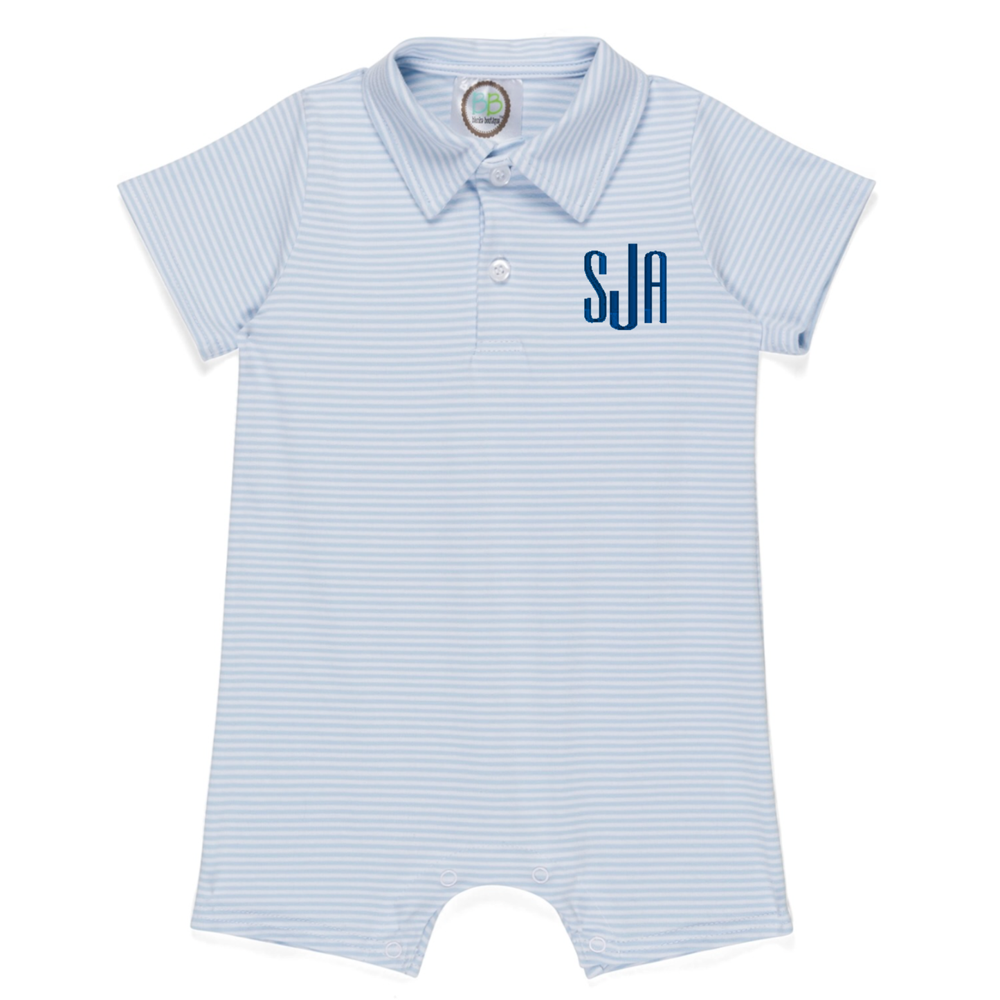 Short Sleeve Polo Romper in Light Blue Stripe