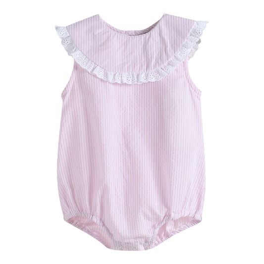 Monogrammed Pink Seersucker Collared Bubble Romper