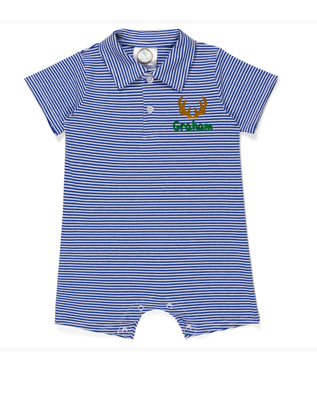 Short Sleeve Polo Romper in Royal Blue Stripe