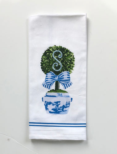 Monogrammed Chinoiserie Topiary Tea Towel